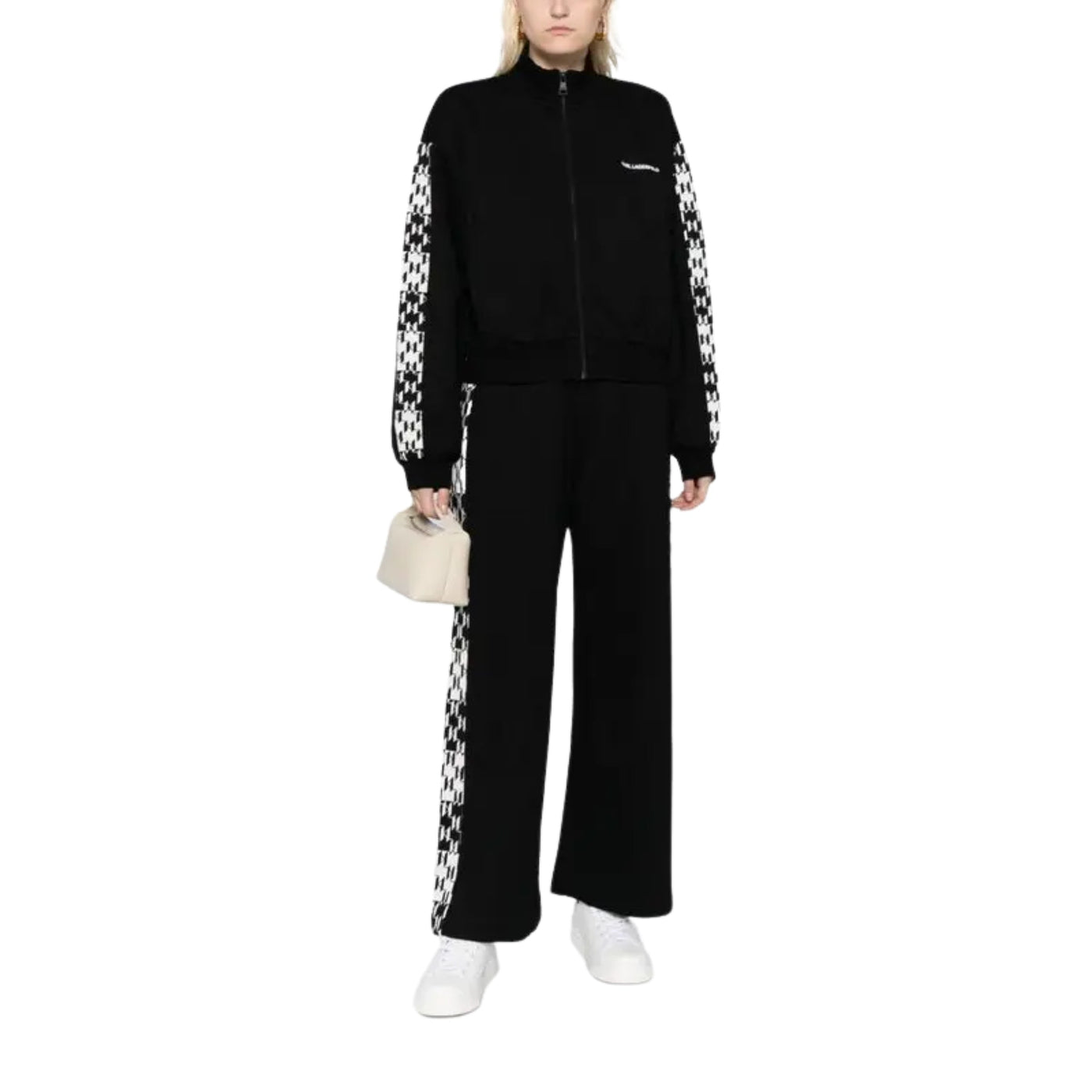 Karl Lagerfeld Track Pants Side Stripe Monogram Print Black
